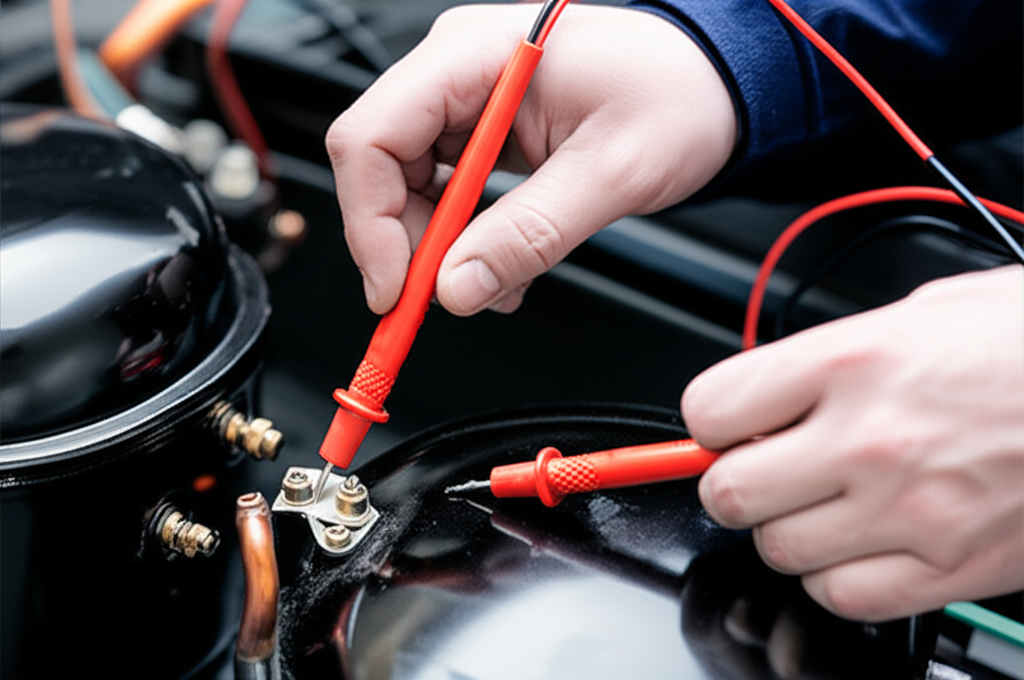 Technician diagnosing appliance issue