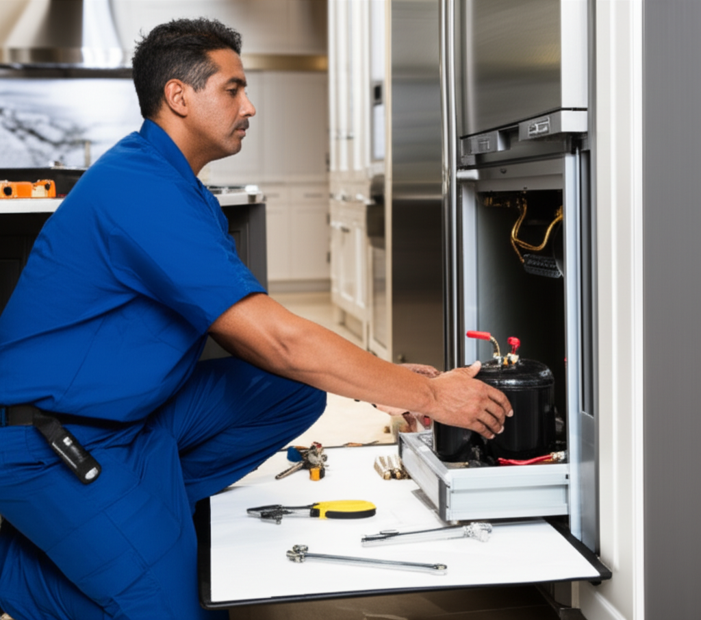 Expert technician performing refrigerator repair